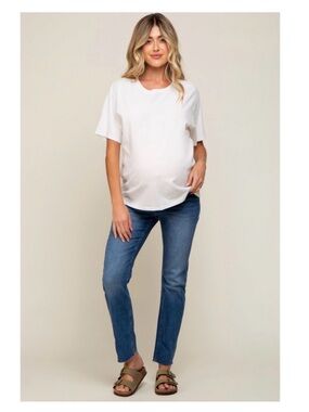 Pinkblush Blue Denim Straight-Leg Maternity Jeans with Navy Waist Panel